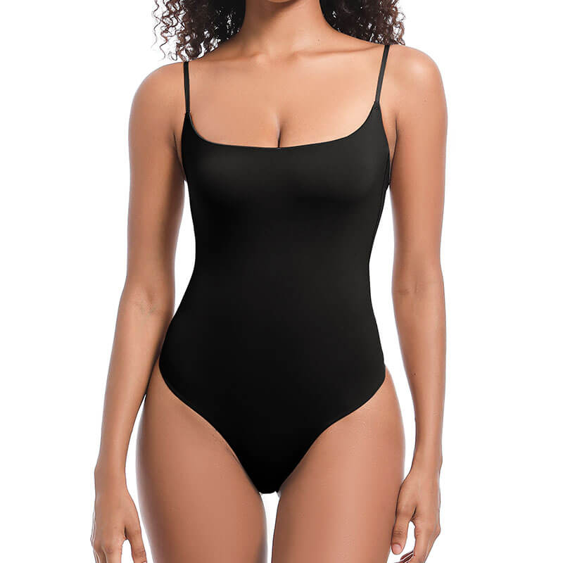 black cami bodysuit on a model front view