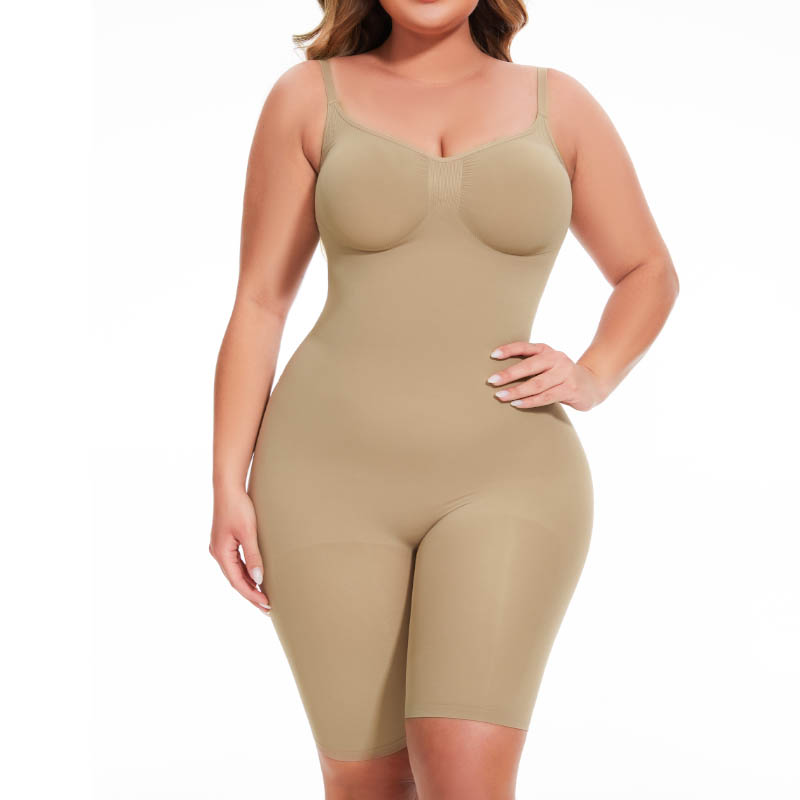 Front view of a model wearing a mid-thigh bodysuit