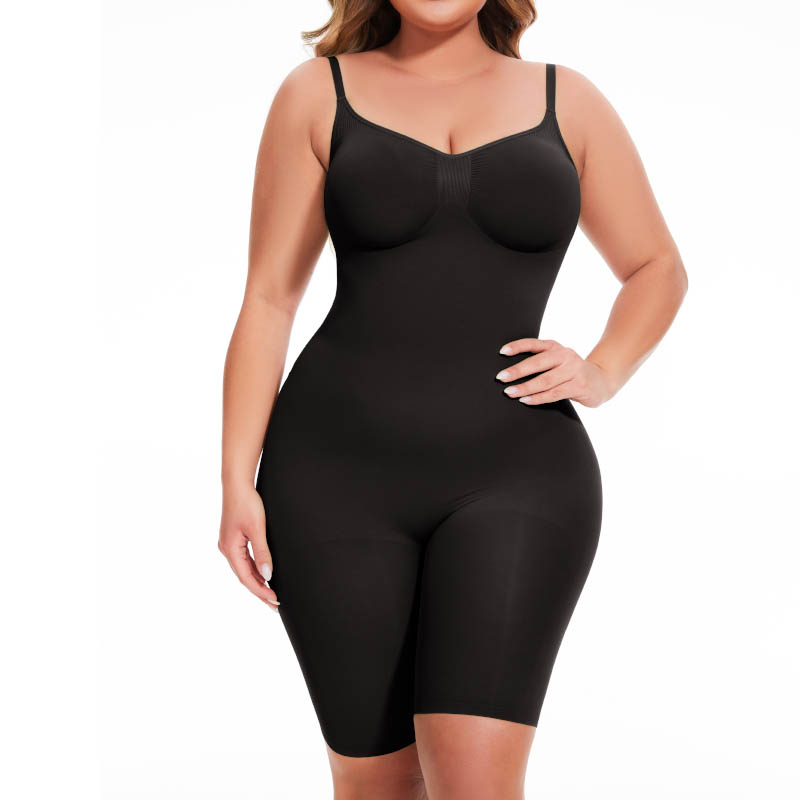 Front view of a model wearing a mid-thigh bodysuit