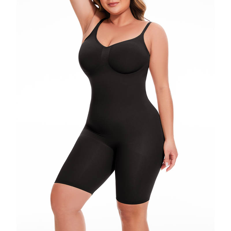 Front view of a model wearing a mid-thigh bodysuit