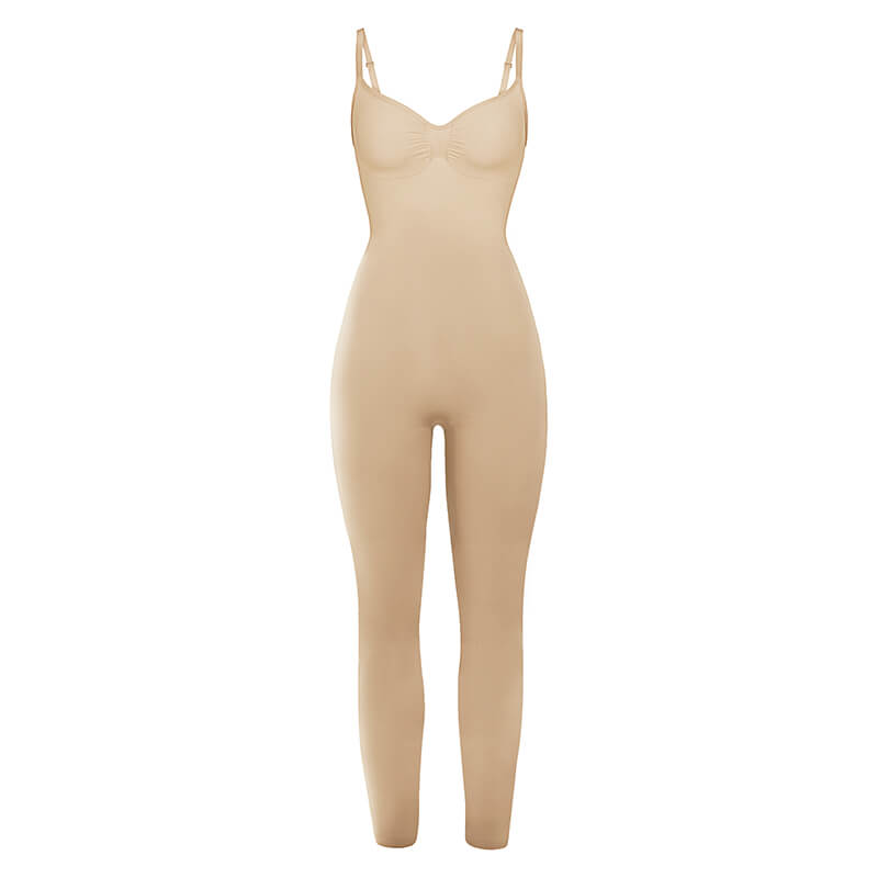 Front view of nude seamless yoga jumpsuit