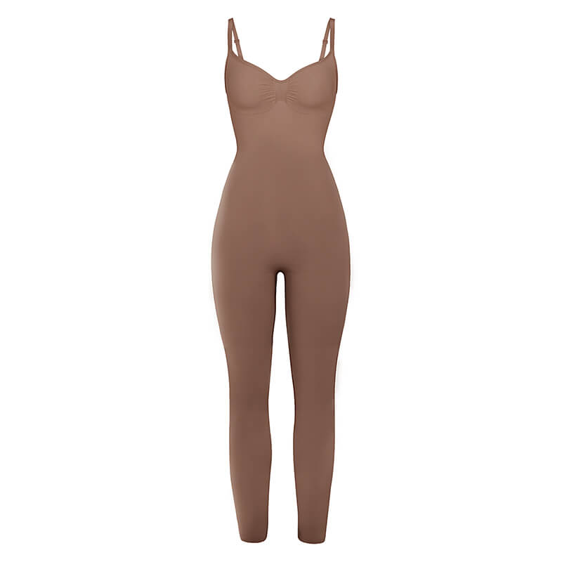 Front view of brown seamless yoga jumpsuit