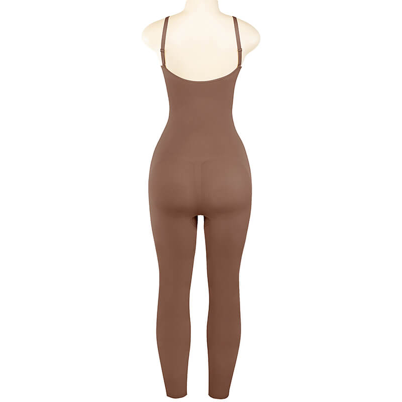 Back view of brown seamless yoga jumpsuit